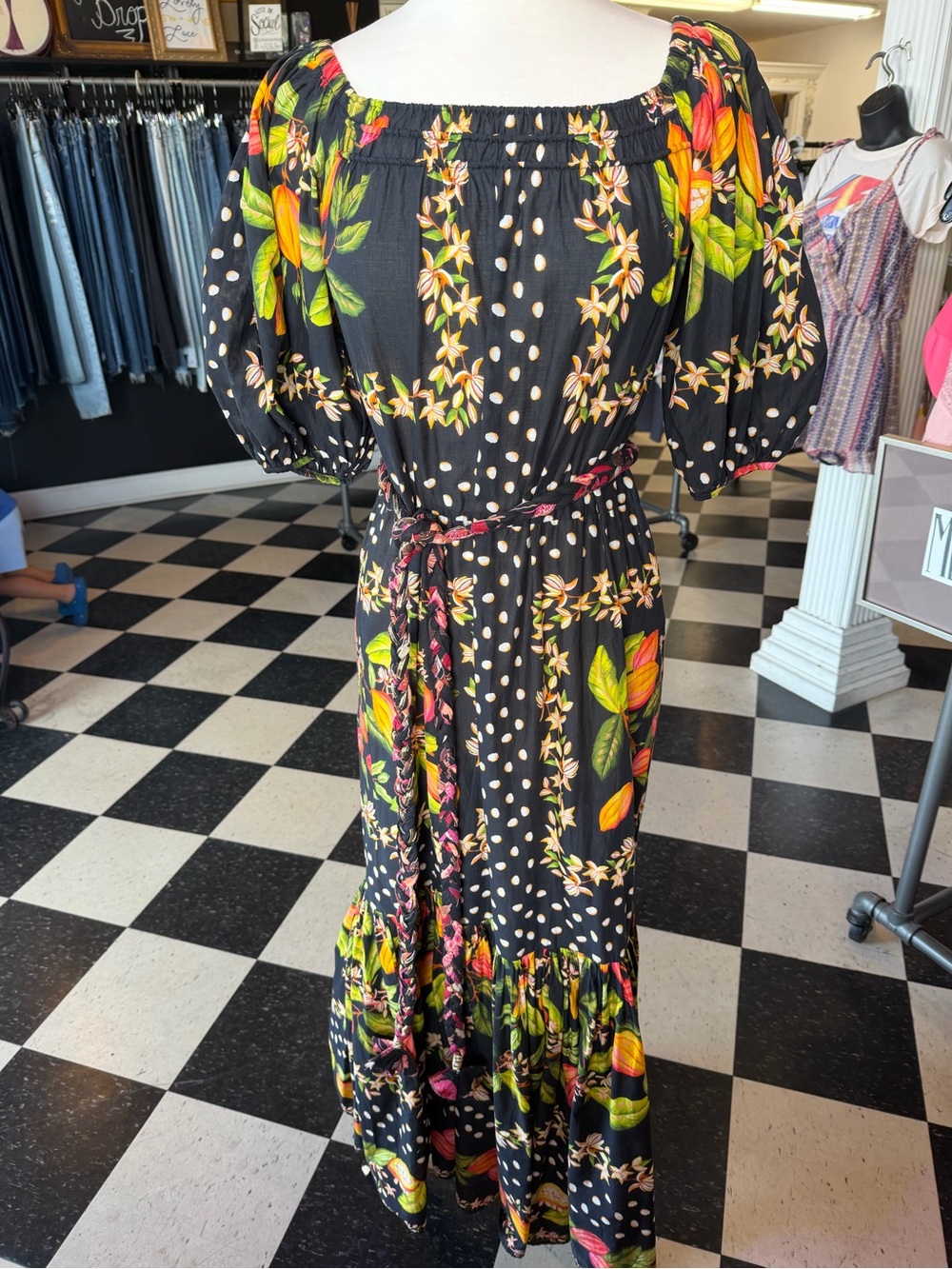 FARM Rio Black Maxi tunic Dress with Multicolor Floral Print - sheer
